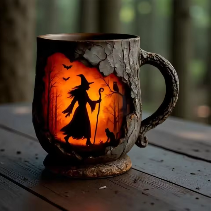 Hantverkad 3D Halloween-mugg – Häx- och kattdesign