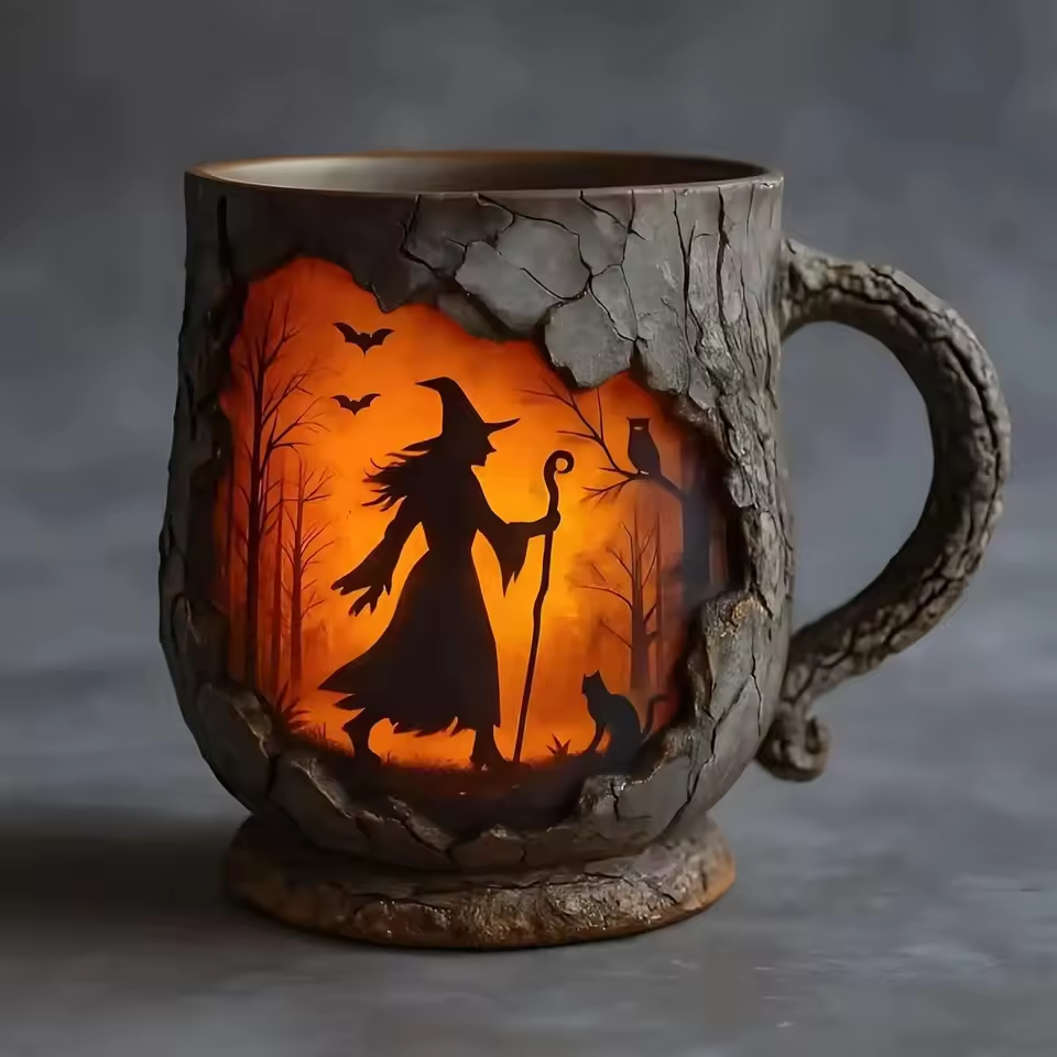 Hantverkad 3D Halloween-mugg – Häx- och kattdesign