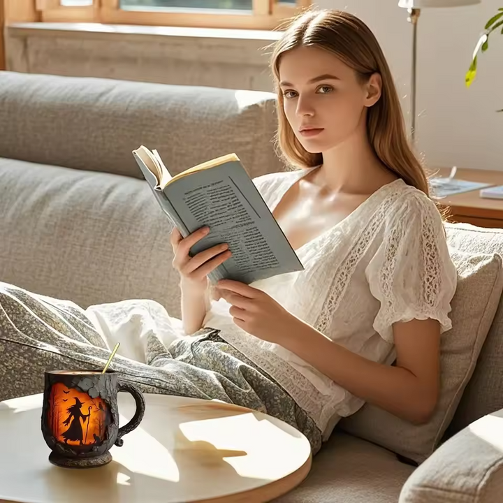 Hantverkad 3D Halloween-mugg – Häx- och kattdesign