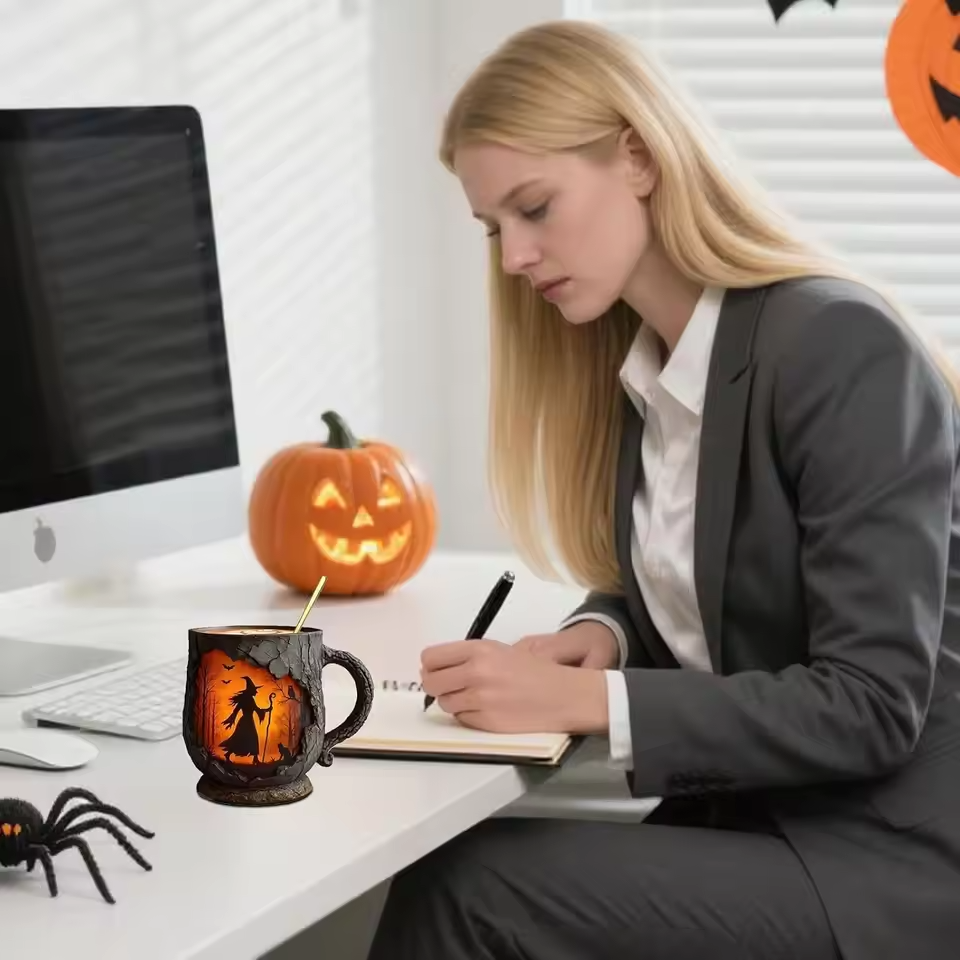 Hantverkad 3D Halloween-mugg – Häx- och kattdesign